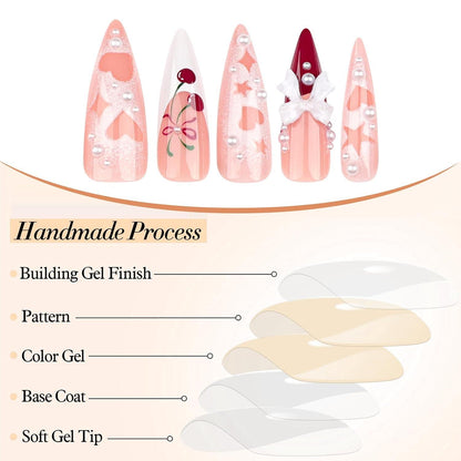 24 Stück Stiletto Press-On Nägel Acryl 3D Kirschen Design Pink Nagel Herz Stern