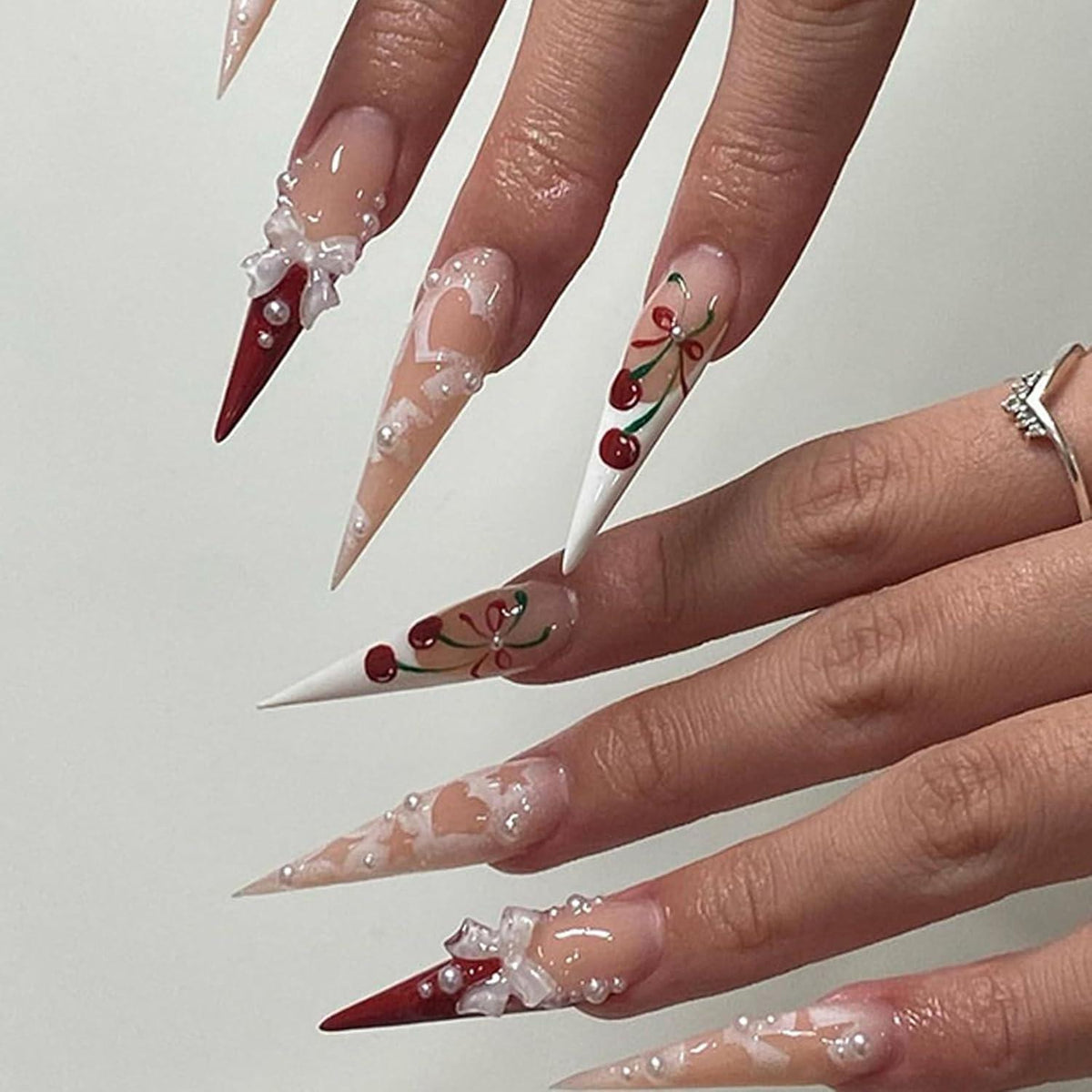 24er Set Langer Stiletto Press-On Nägel Pink mit 3D Schleife