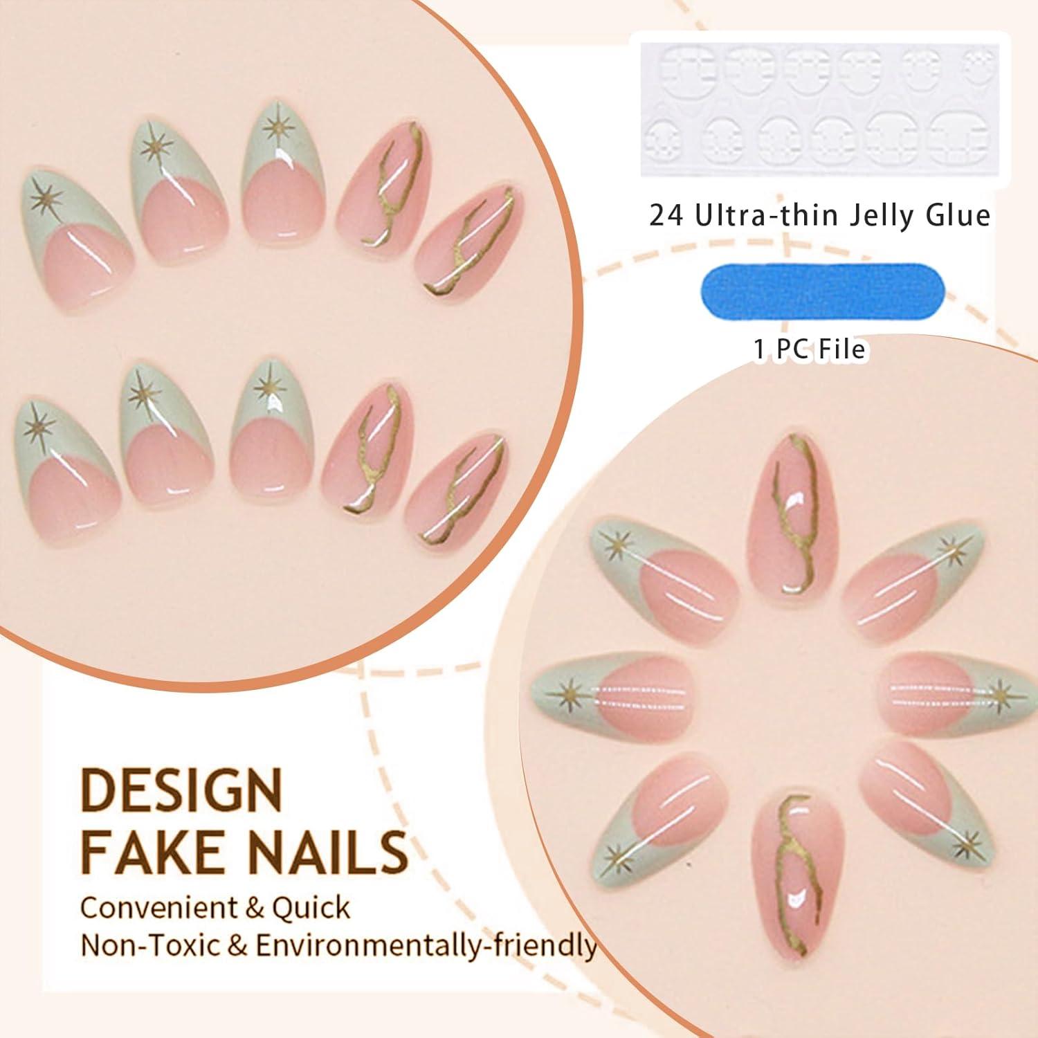 30-teiliges Hellgrünes French Tip Press-on-Nagelset - Almond & Herbst