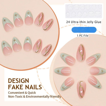 30-teiliges Hellgrünes French Tip Press-on-Nagelset - Almond & Herbst