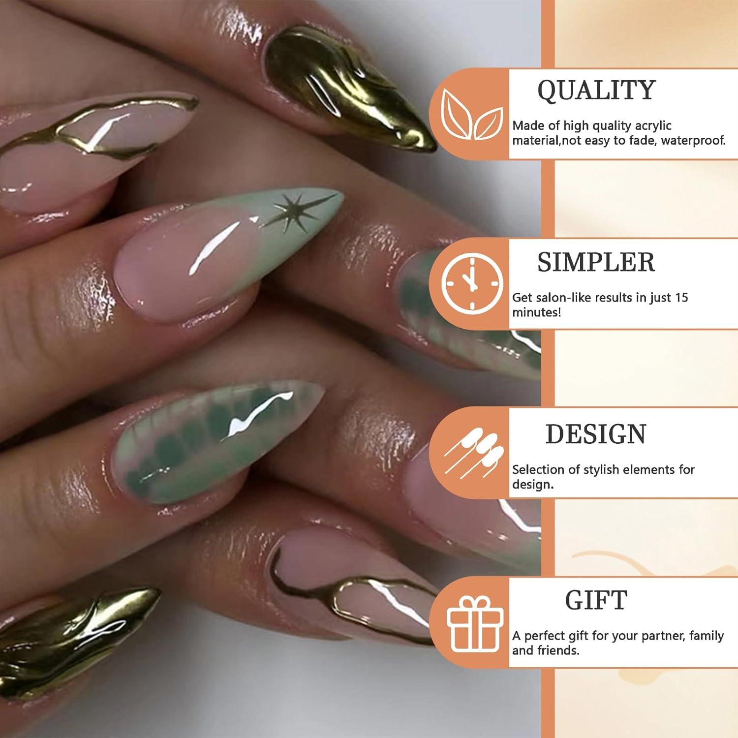 30 Stück Hellgrüne French Tip Press On Nägel Mittel Almond Herbst Gold Voll Abdeckung Nüdes Pink Falsche Nägel