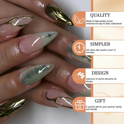 30 Stück Hellgrüne French Tip Press On Nägel Mittel Almond Herbst Gold Voll Abdeckung Nüdes Pink Falsche Nägel