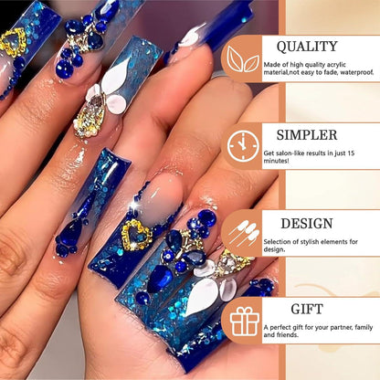 Königlich Blau Quadratische Lange Press on Nägel mit Rhinestones - 24 Stück