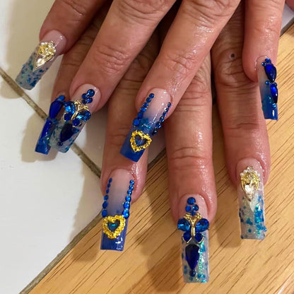 Königlich Blau Lange Press on Nägel Quadratisch Rhinestones 24 Stück