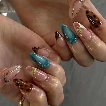 24er Set Almond Press on Nägel Leopard French Tip Gold Blau