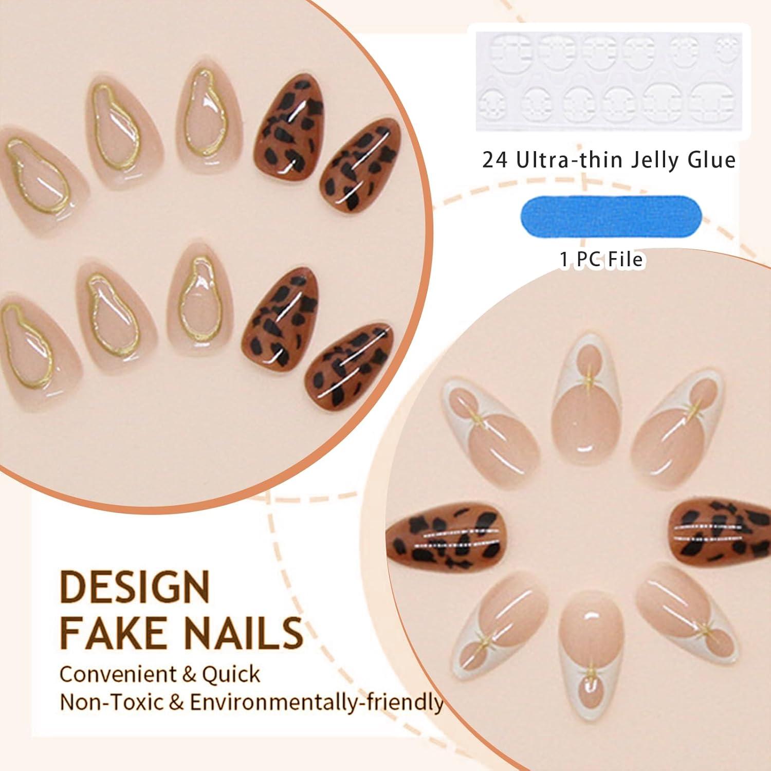 24er Set Almond Press on Nägel Leopard French Tip Gold Blau