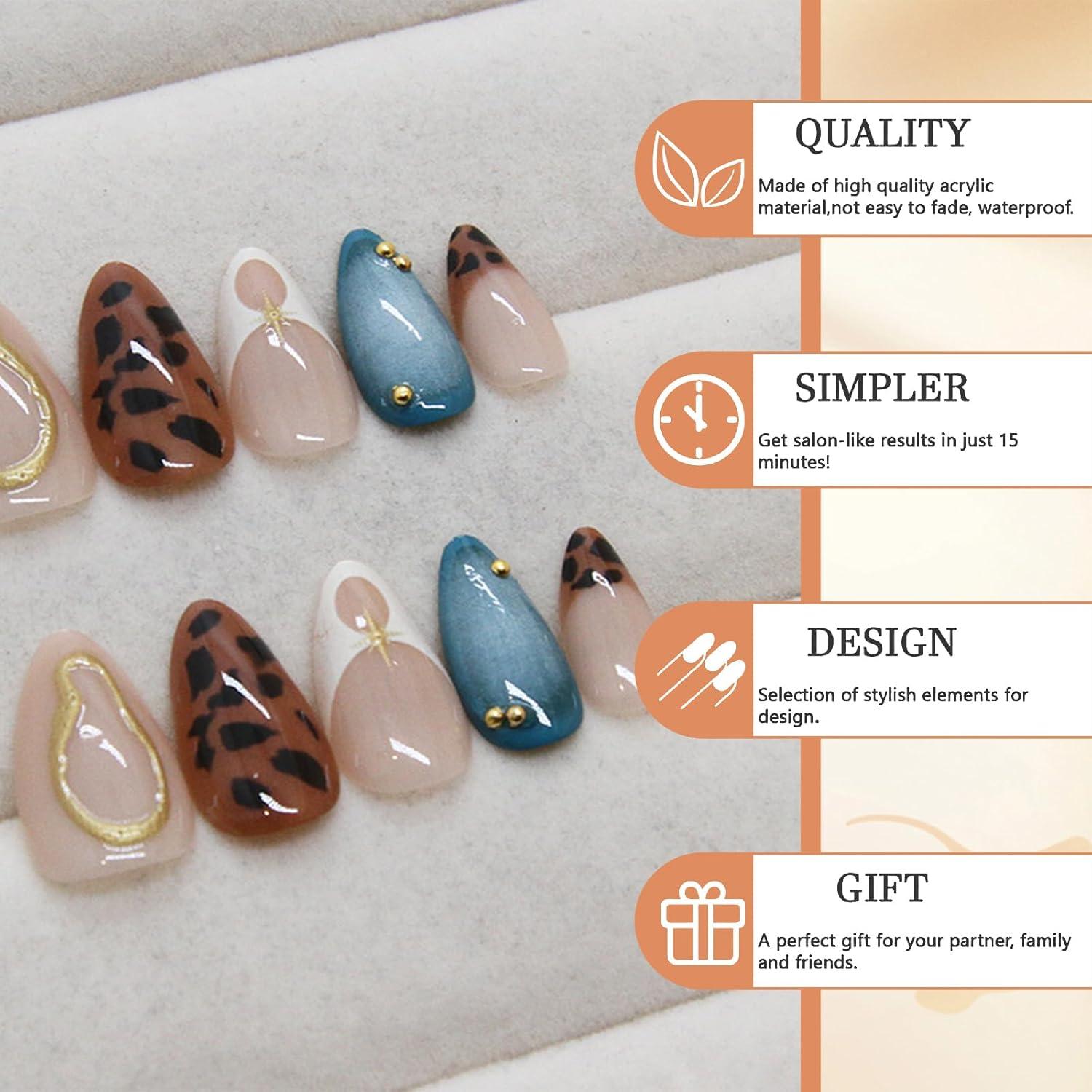 24 Stück Mittel Almond Press on Nägel - Leopard Gold Blau Kunstnägel