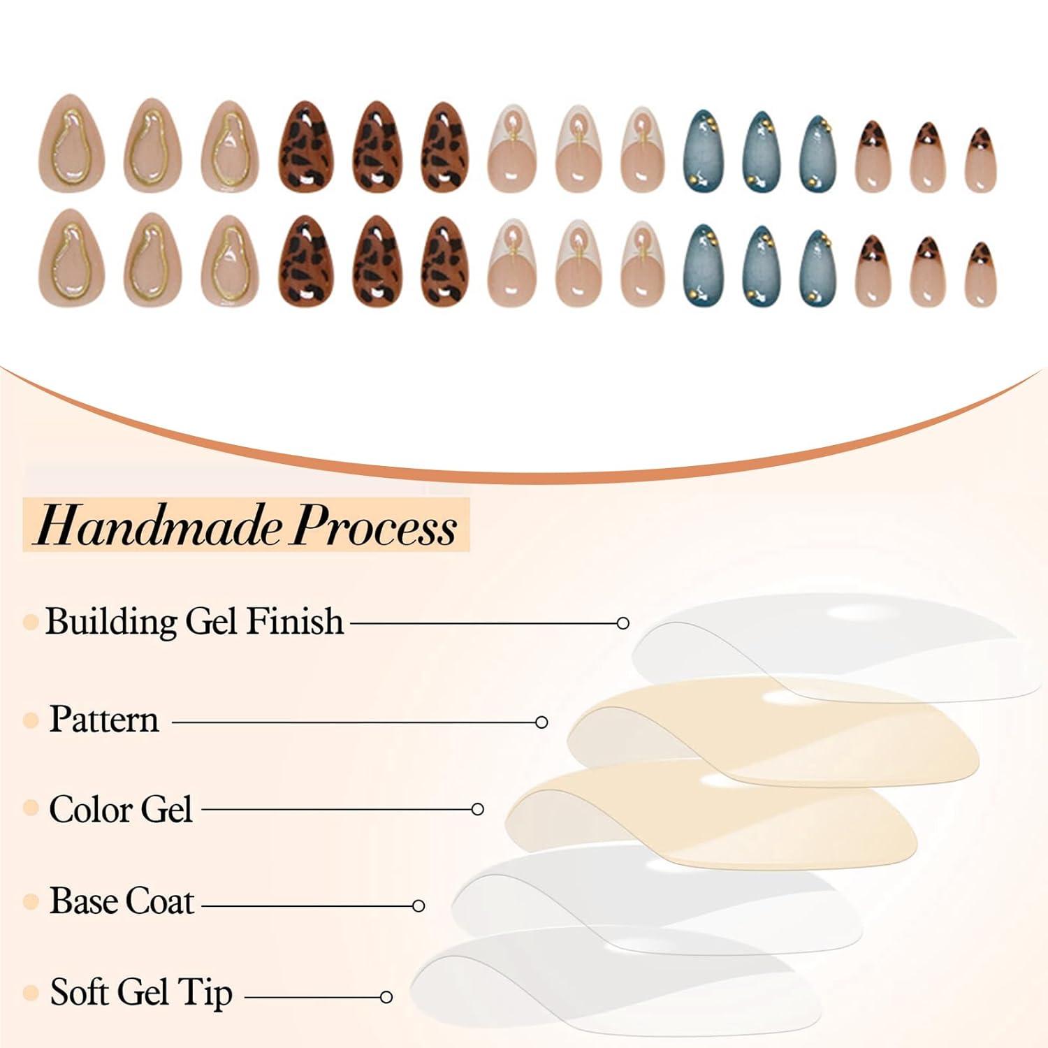 24 Stück Mittel Almond Press on Nägel Leopard Gold Blau French Tip