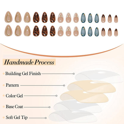 24 Stück Mittel Almond Press on Nägel Leopard Gold Blau French Tip