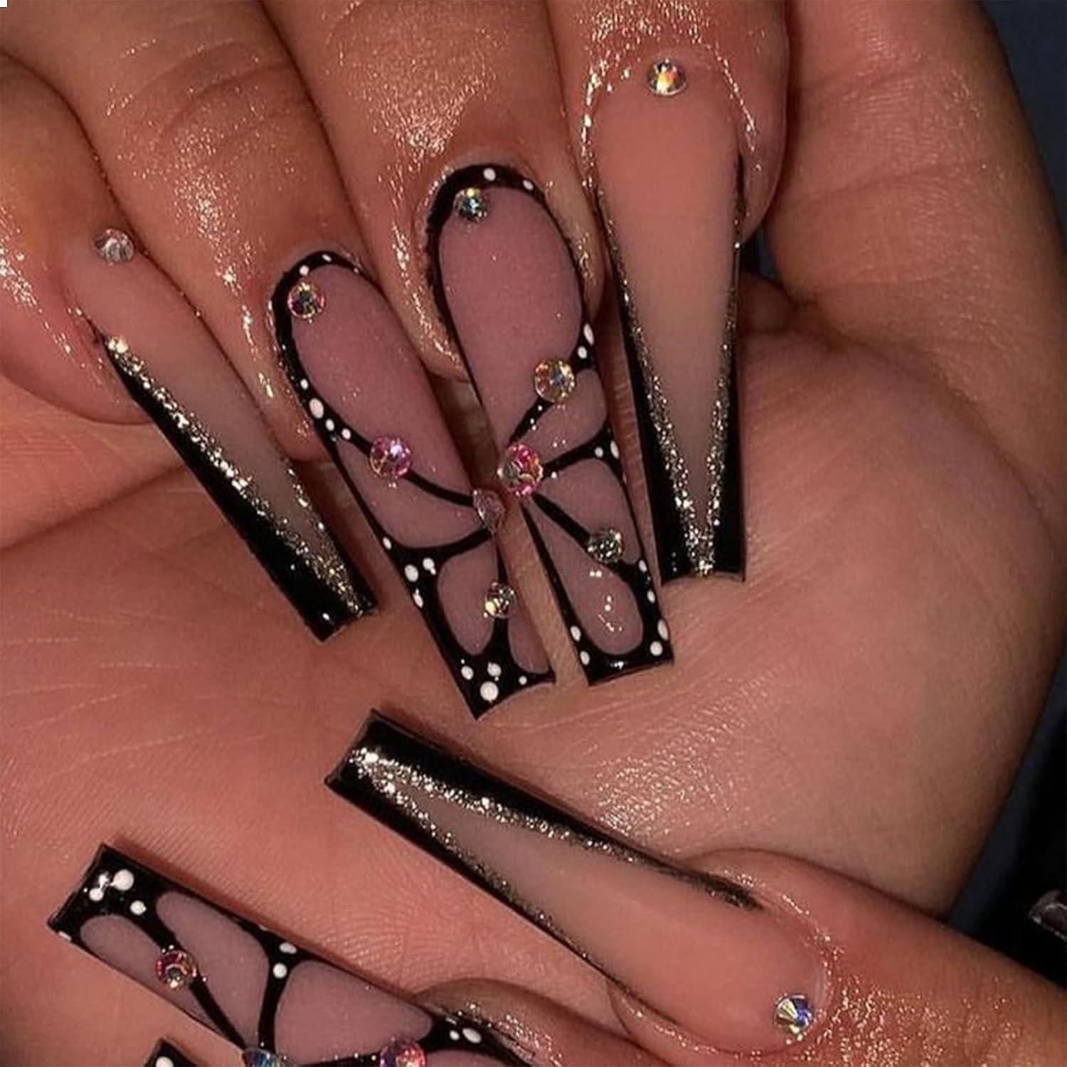 Extra Lange Schwarze Rhinestone Falsche Sargnägel mit
