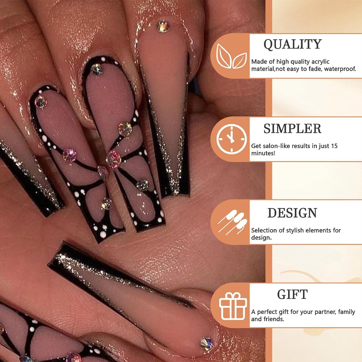 Schwarze Lange Sarg Akrylnägel mit Rhinestones - 24er Set