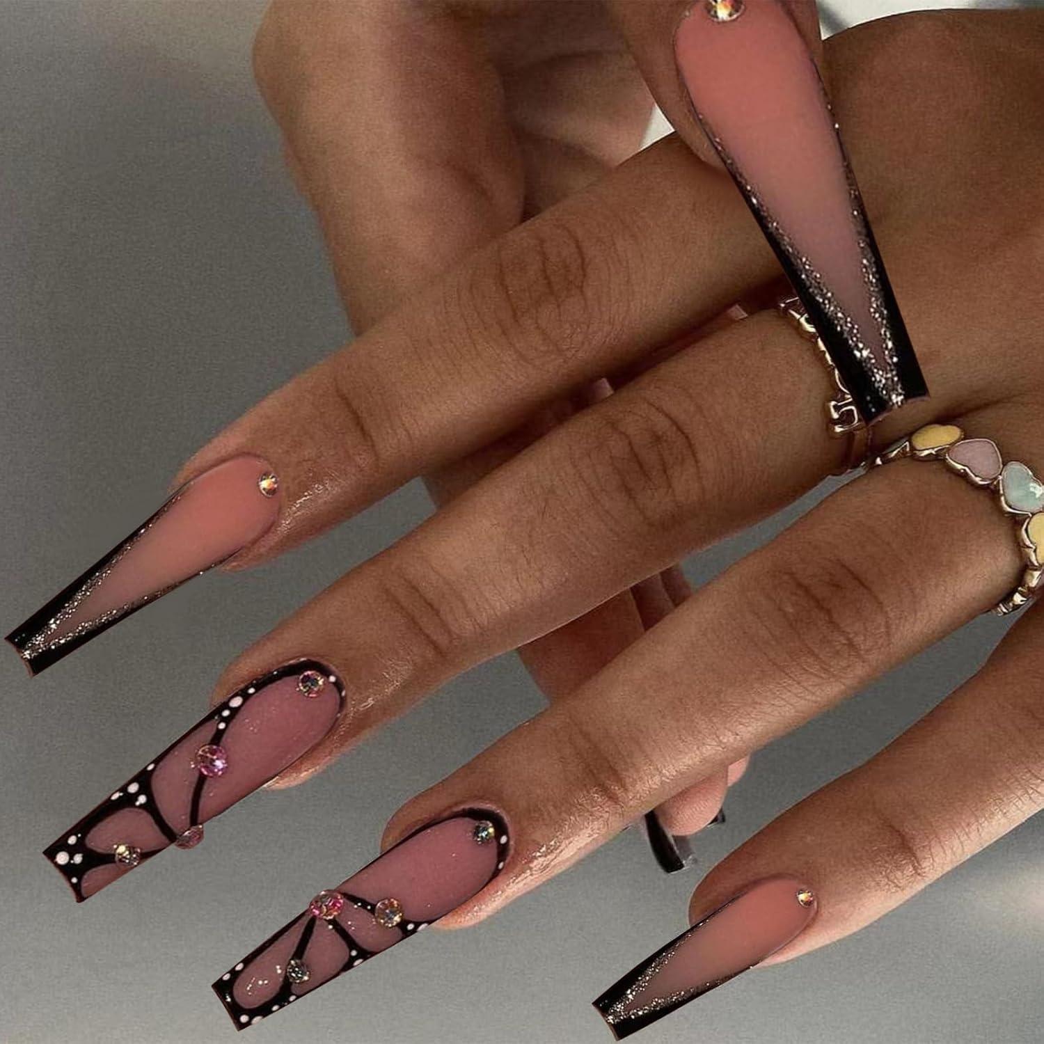 Lange Schwarze Glänzende Sargnägel mit Rhinestone - 24 Stück
