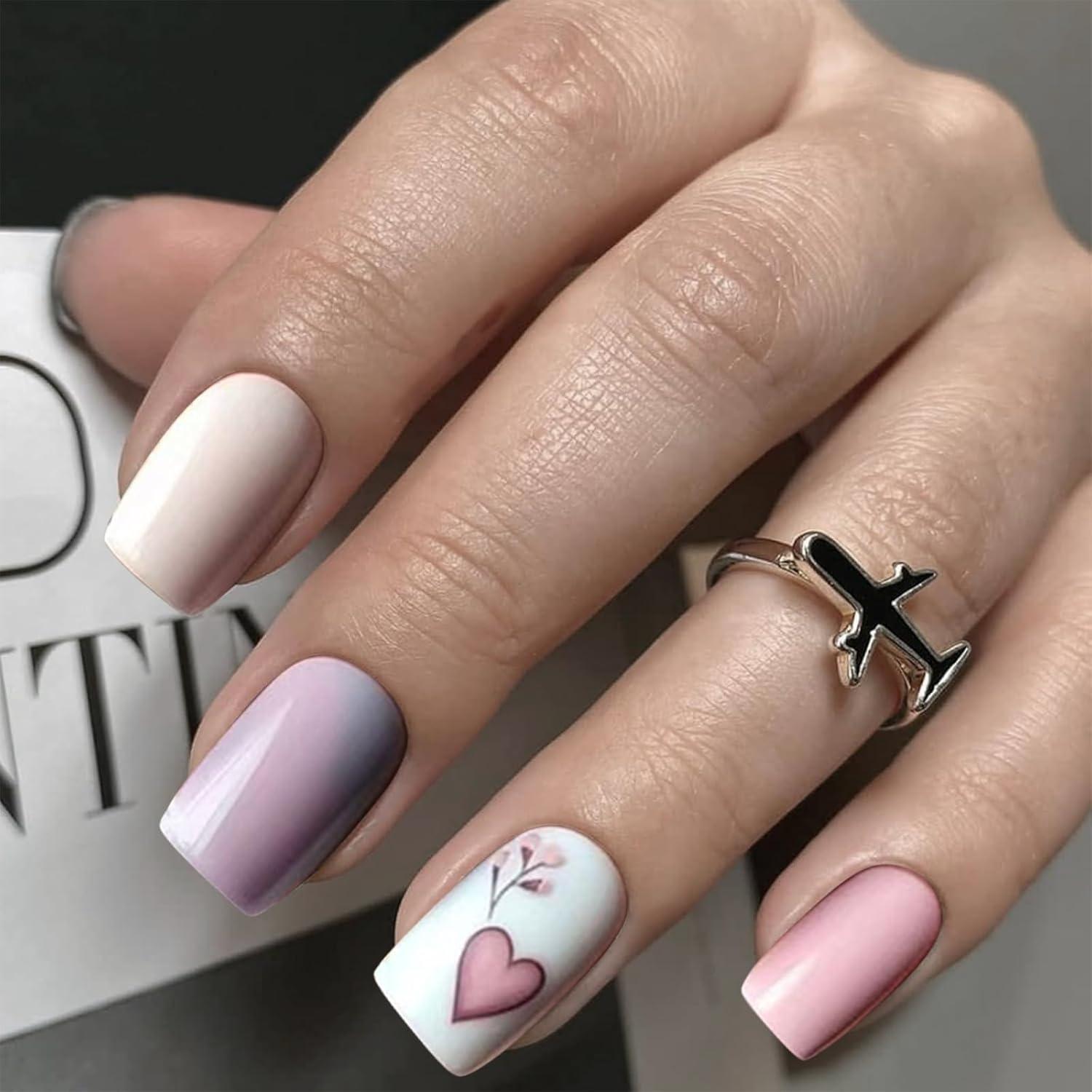 Press-On Nagel Rosa Herz-Blumen Design Glänzend 24 Stück