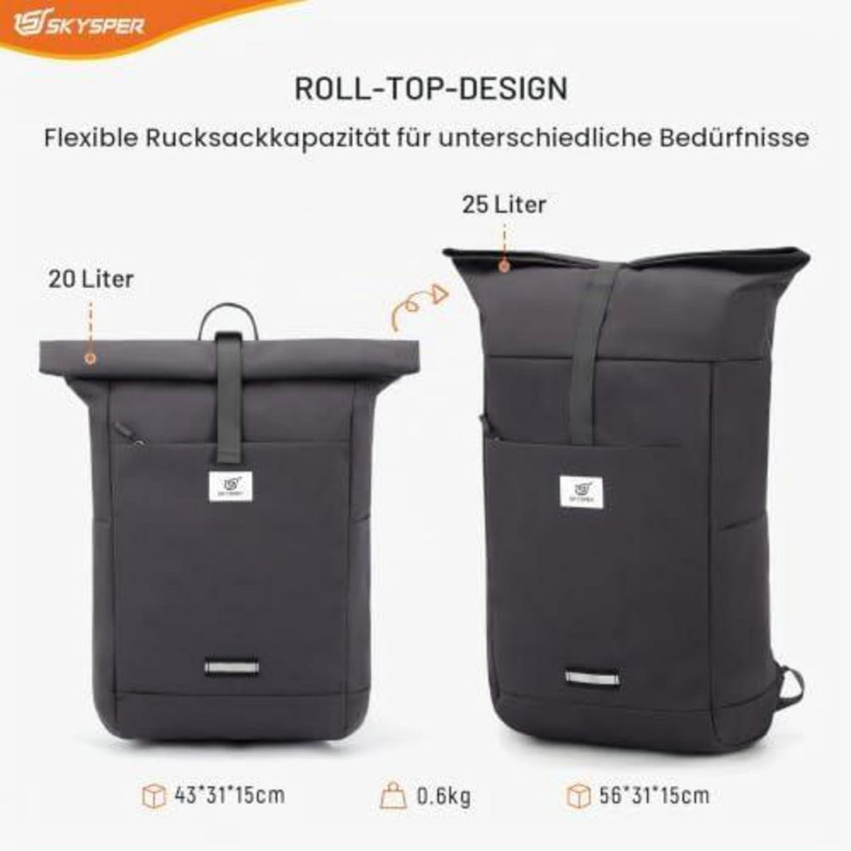 Rolltop Rucksack grau – Laptopfach, Reiserucksack, Unisex