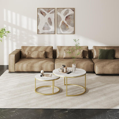 Couchtisch 2er Set Marmor Gold Weiß Rund Modern 80x80cm 60x60cm