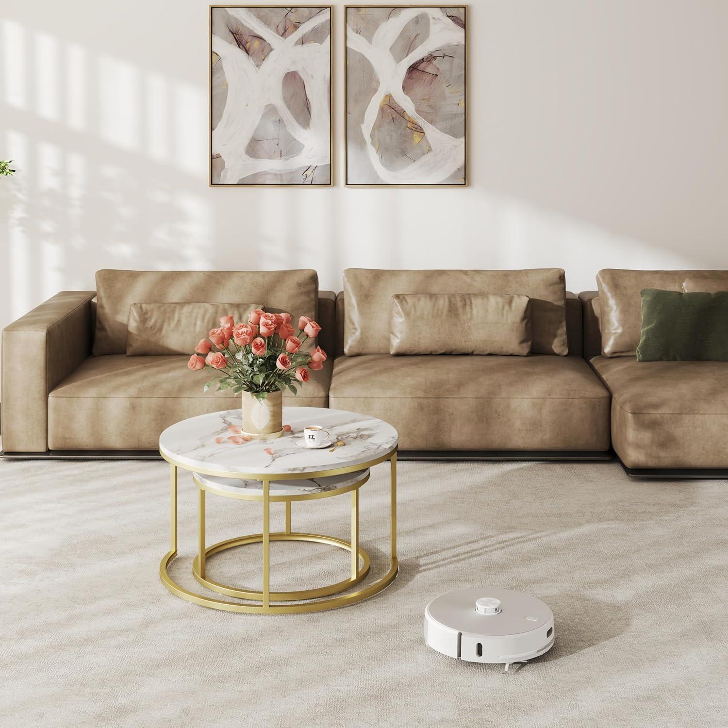 Marmor Couchtisch Set Gold Weiß Rund Modern 80x80 & 60x60 cm