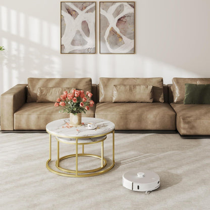 Marmor Couchtisch Set Gold Weiß Rund Modern 80x80 & 60x60 cm