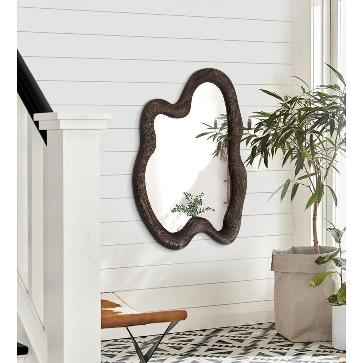 Großer Vintage Wandspiegel Holzrahmen 70x50 cm – Asymmetrisch & Rustikal