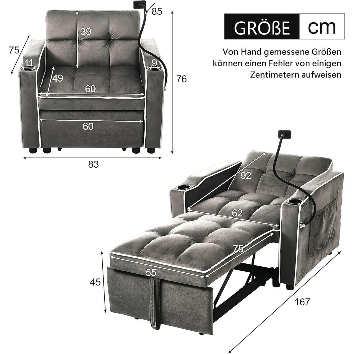 3-in-1 Schlafsofa mit Becherhaltern & Handyhalter – Dunkelgrau