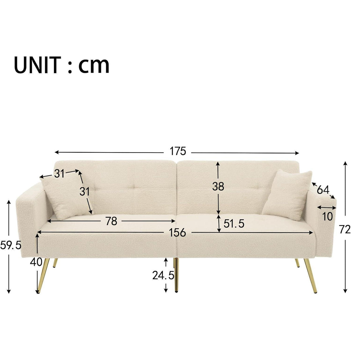 2-in-1 Schlafsofa mit verstellbarer Rückenlehne & goldenen Beinen (Beige)
