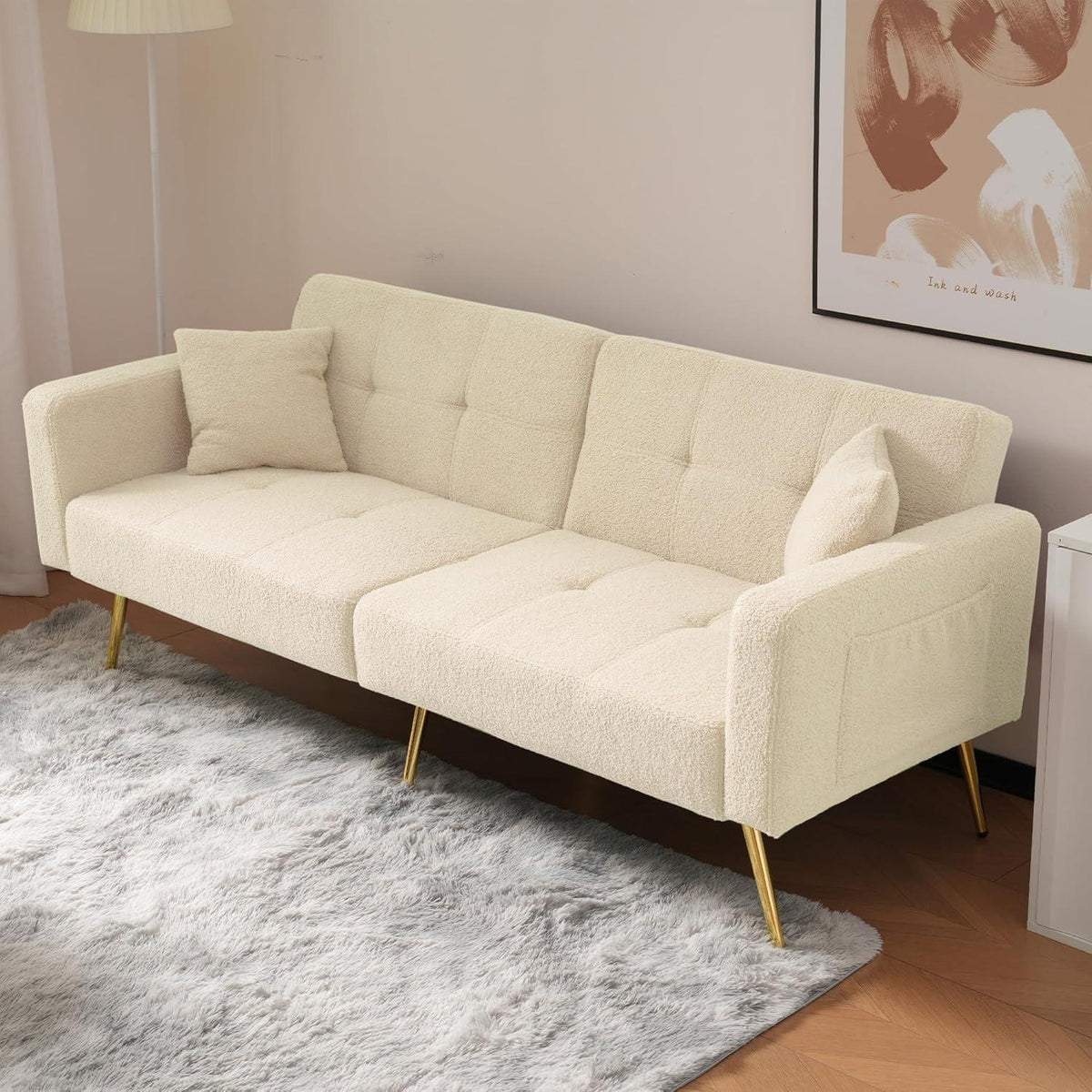2-in-1 Schlafsofa mit verstellbarer Rückenlehne & goldenen Beinen (Beige)