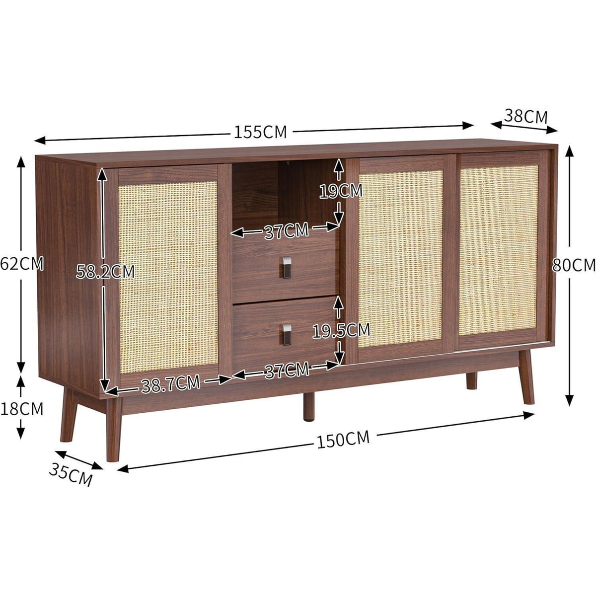 Rattanschrank 155cm mit 3 Türen & 2 Schubladen – Dunkelbraun