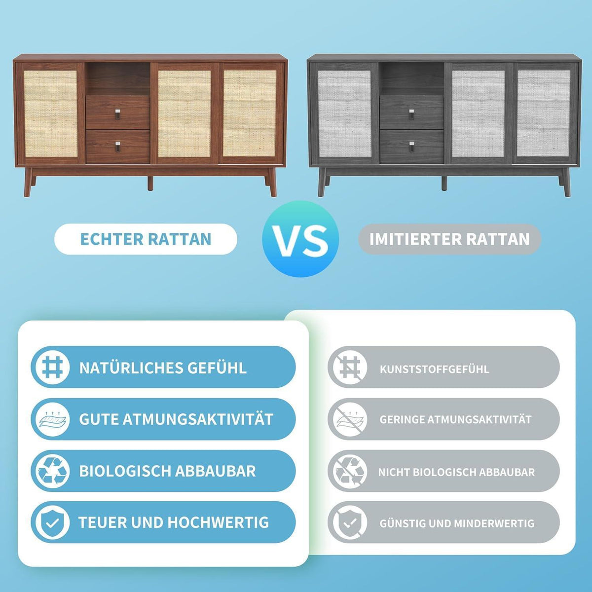 Rattanschrank 155cm mit 3 Türen & 2 Schubladen – Dunkelbraun