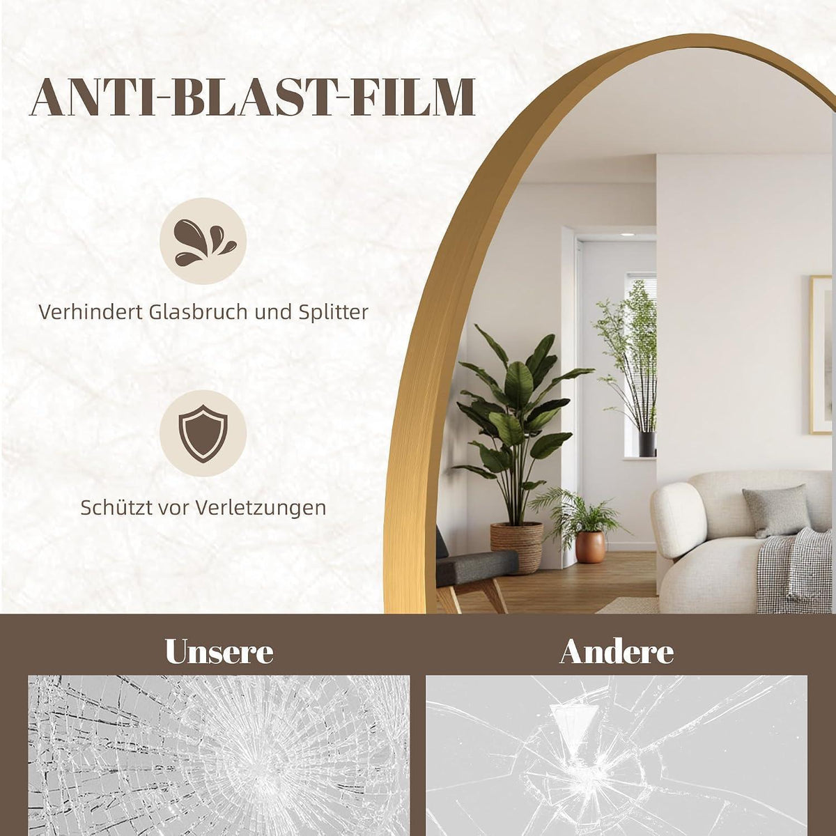 Ganzkörperspiegel Bogen 180x80 cm – Stand- & Wandspiegel Gold