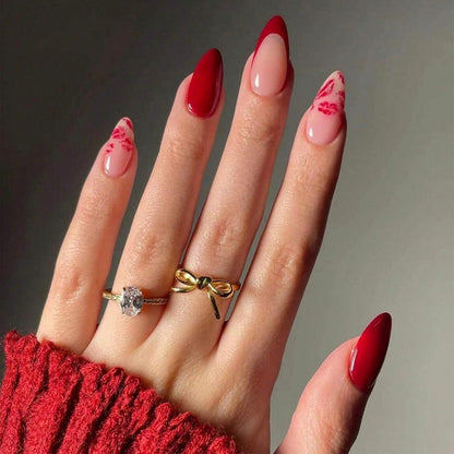 24er Set Valentinstag Press-On Nägel Mandelform Rot Lippen Glitzer