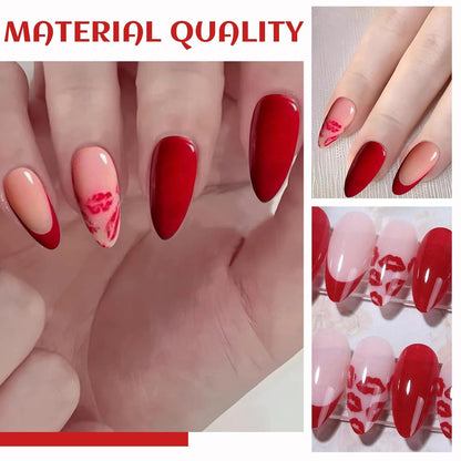Valentinstag Nagelset 24 Stk. Mandelform Rote Lippen Glitzer Press-On Nails