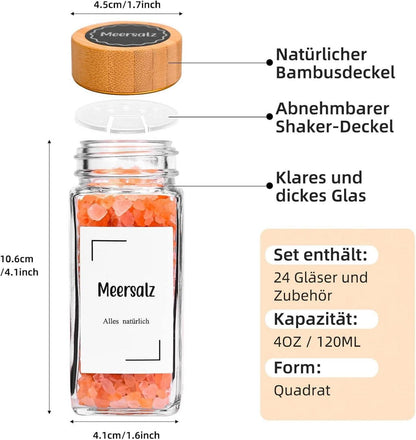 Gewürzgläser Set mit Bambusdeckel, 24er Eckig 120ml - Gewürzdosen
