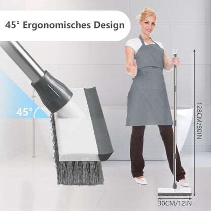 Boden-Scheuerbürste mit Langem Stiel 128cm, 2-in-1 Bodenschrubber Borsten Gummiabzieher
