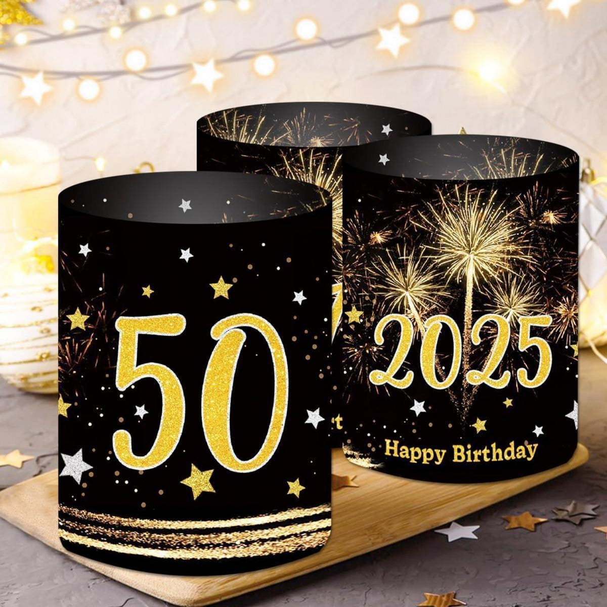 12 Windlichter & 500 Konfetti 50. Geburtstag Schwarz Gold