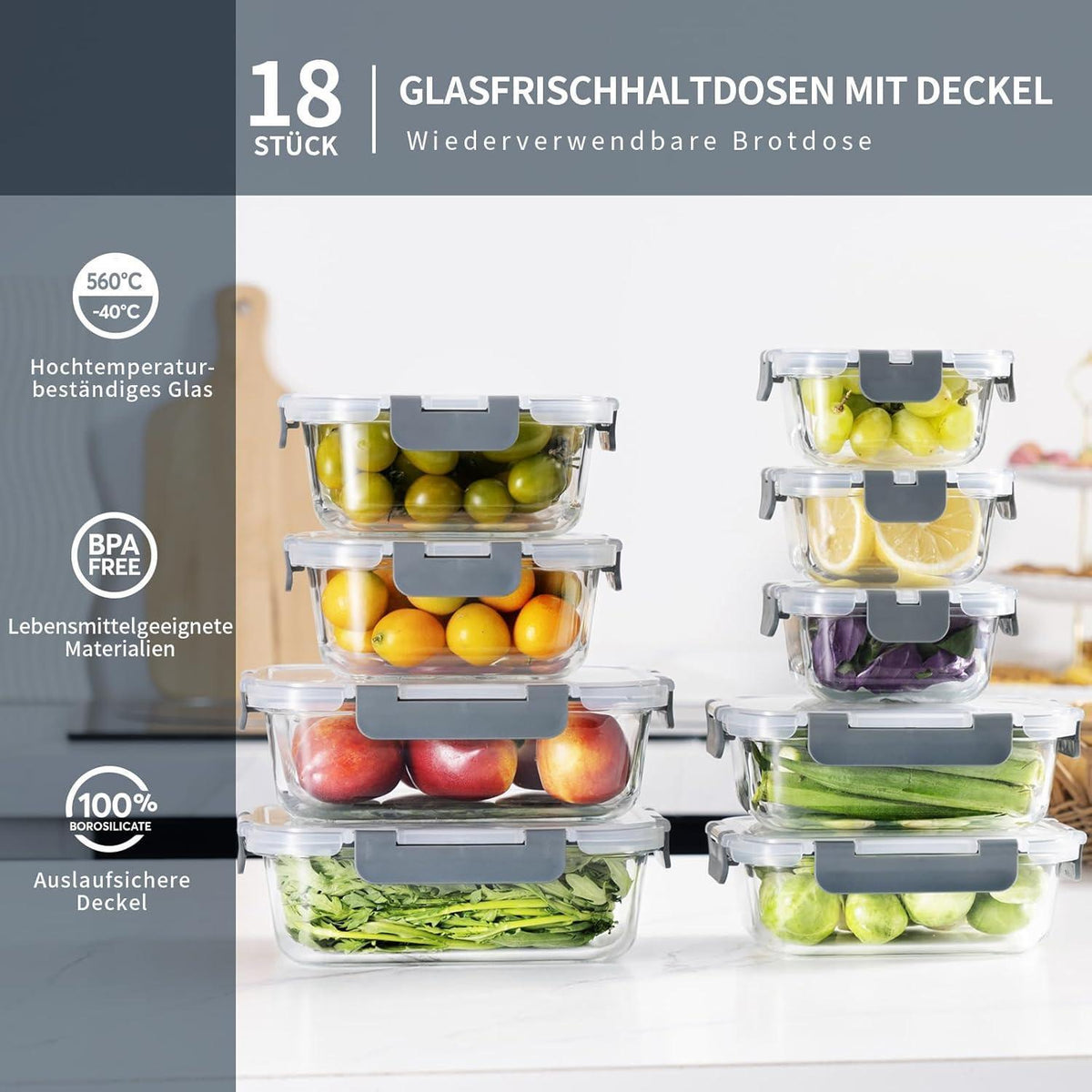 18tlg. Glas Frischhaltedosen Set luftdicht & auslaufsicher