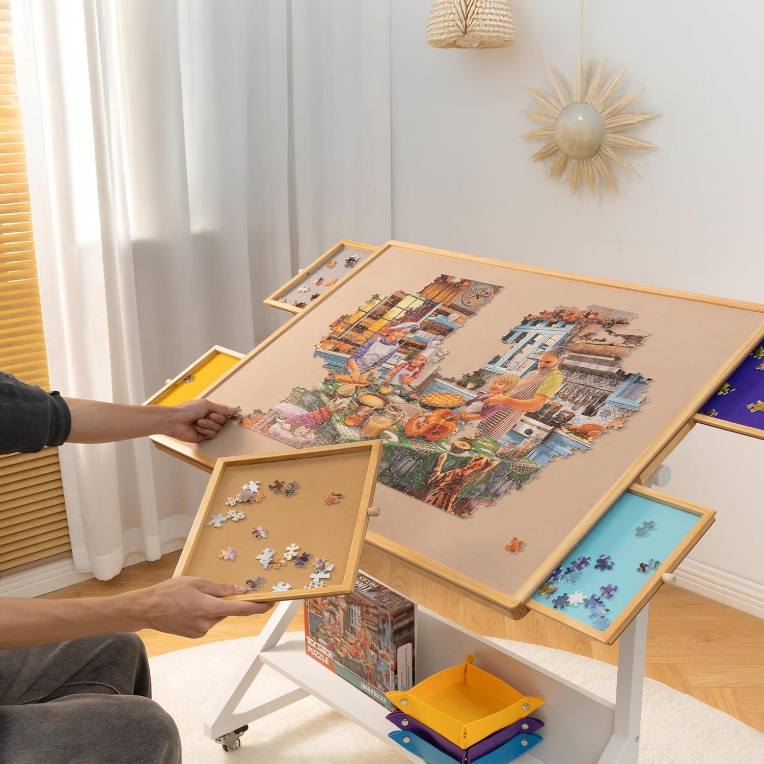 Puzzletisch mit Winkel- & Höhenverstellung, Abdeckung, 5 Sortierschubladen
