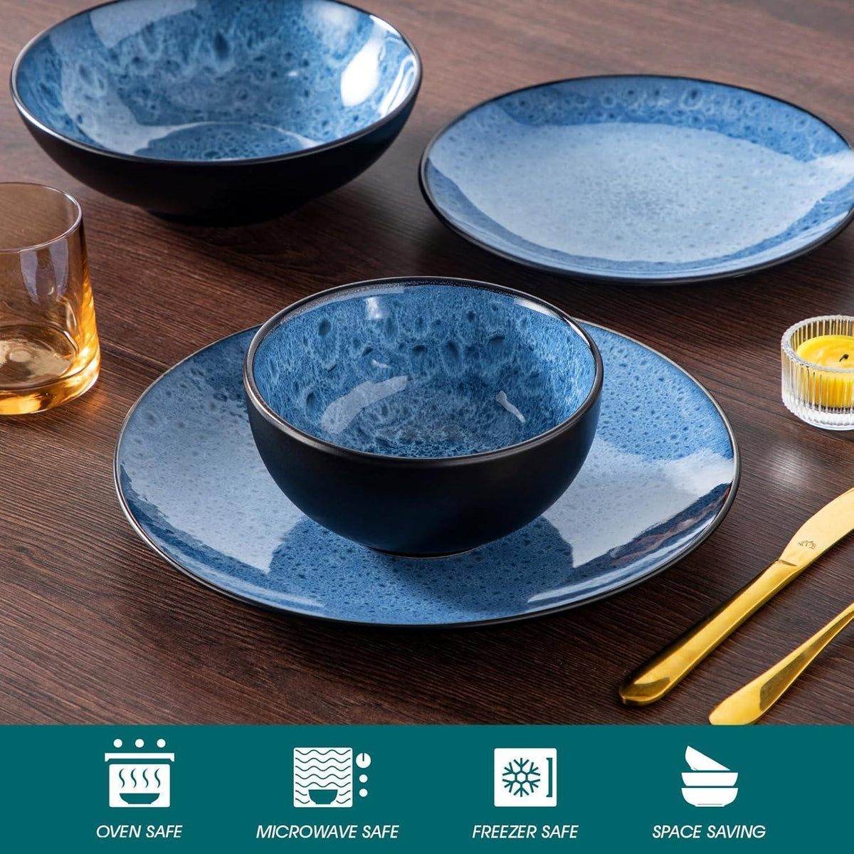 Steingut Geschirrset 24 Teile für 6 Personen, blau, modern