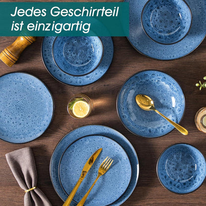 Steingut Geschirrset 24 Teile für 6 Personen, blau, modern