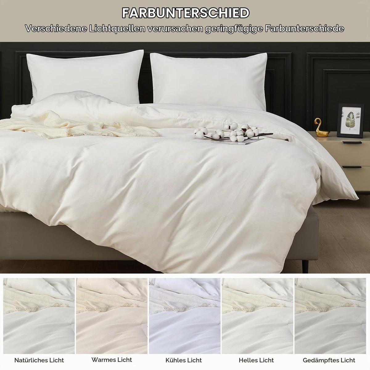 Weiche Baumwoll Bettwäsche Set 200x220 cm | 3-teilig, Weiß