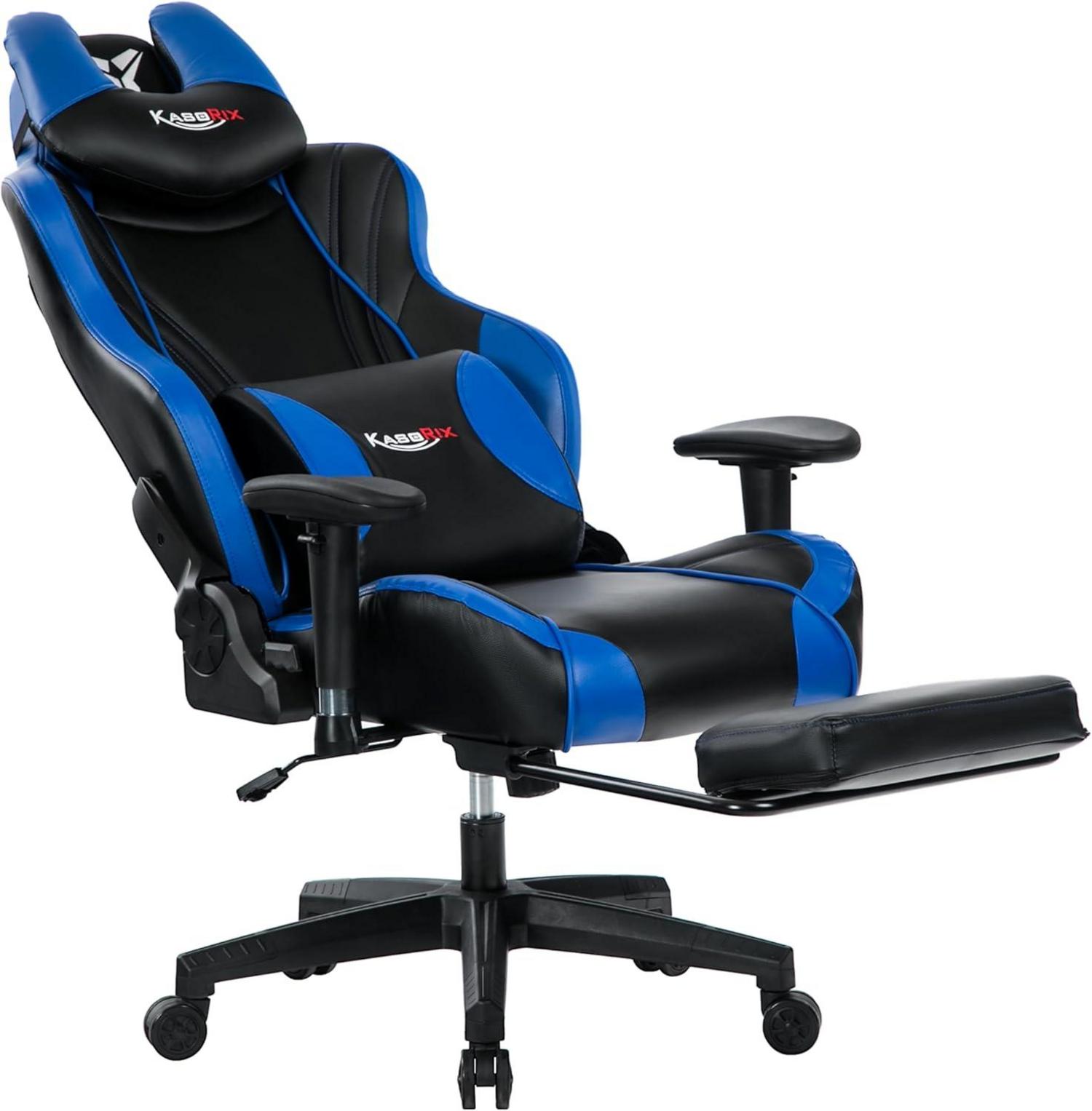 KCREAM Gaming Stuhl 200kg Belastbarkeit mit Fußstütze und Rollen, Blau