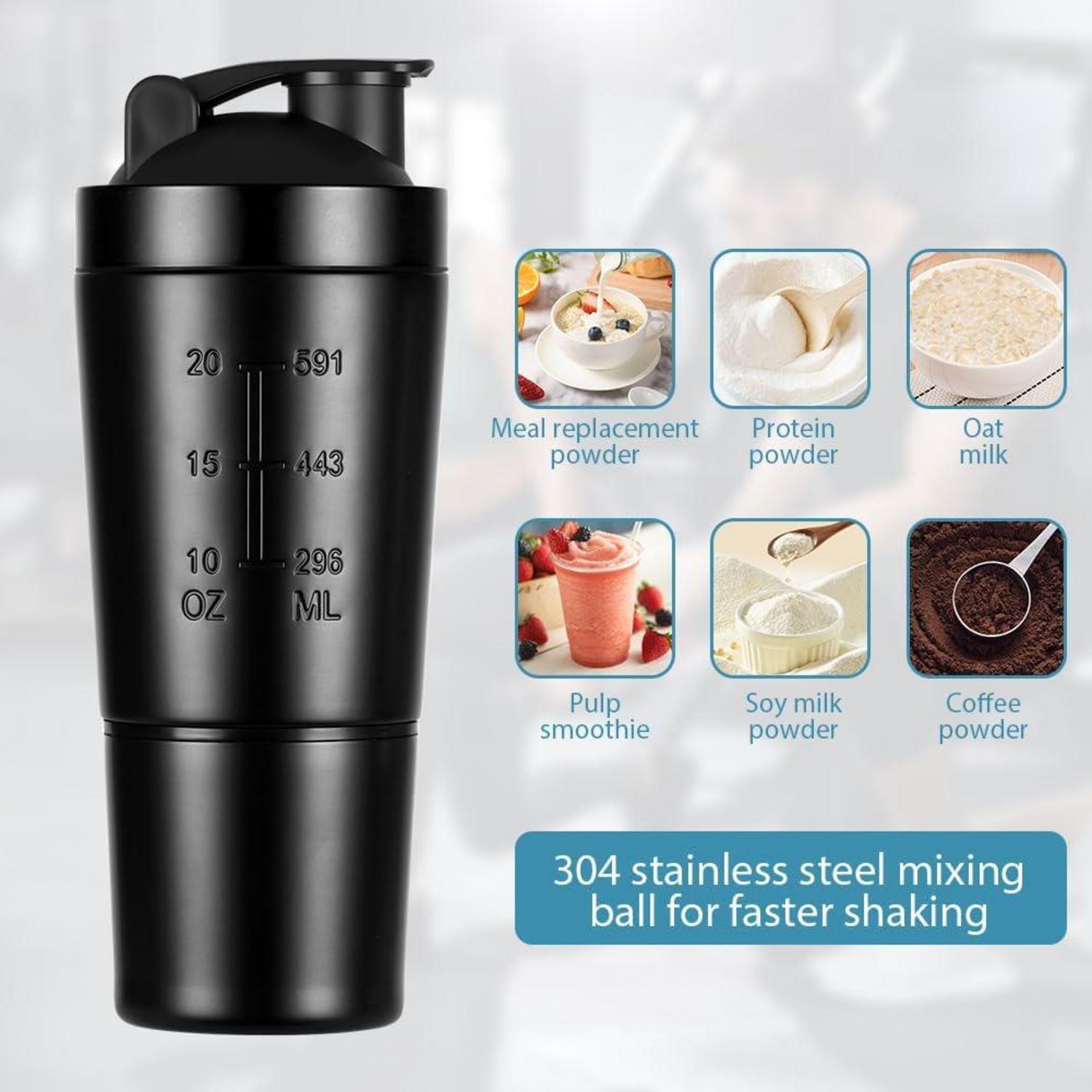 Edelstahl Protein Shaker 700ml mit Shaker Ball & zusätzlicher 200ml Lagerung