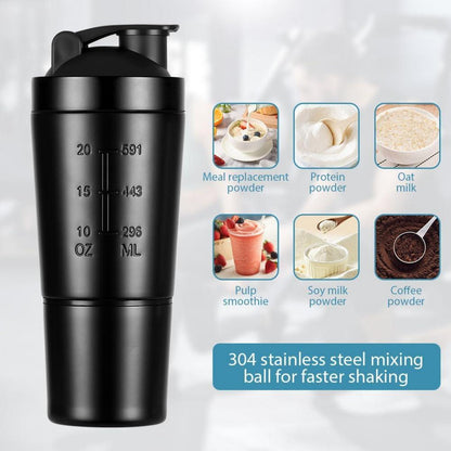 Edelstahl Protein Shaker 700ml mit Shaker Ball & zusätzlicher 200ml Lagerung