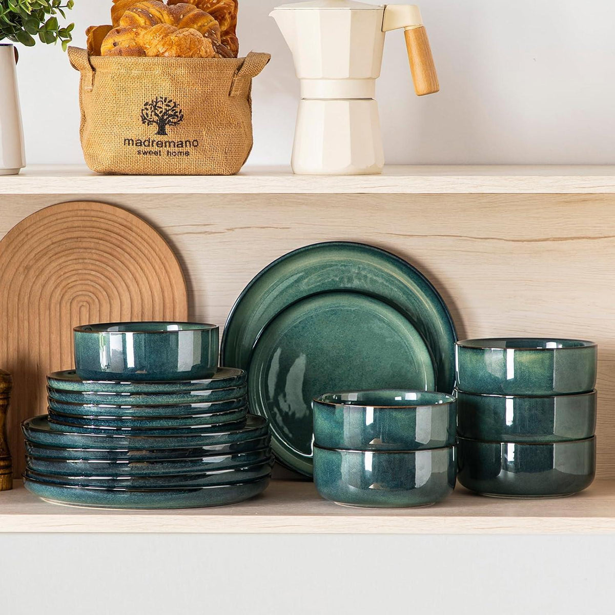 Tafelservice 12 Personen modern, Grün, 36-teiliges Geschirr Set