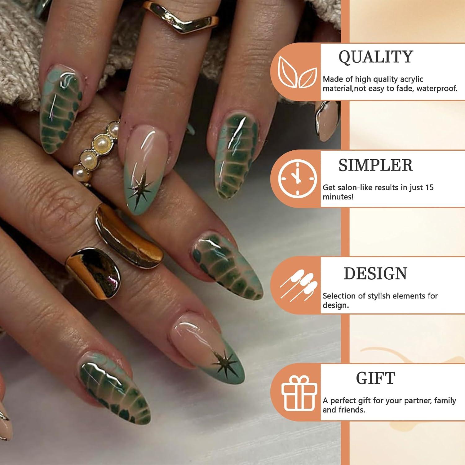 24 Stück Mandel-Falschnägel Grün Glänzend Gelierkleber Ombré Nails