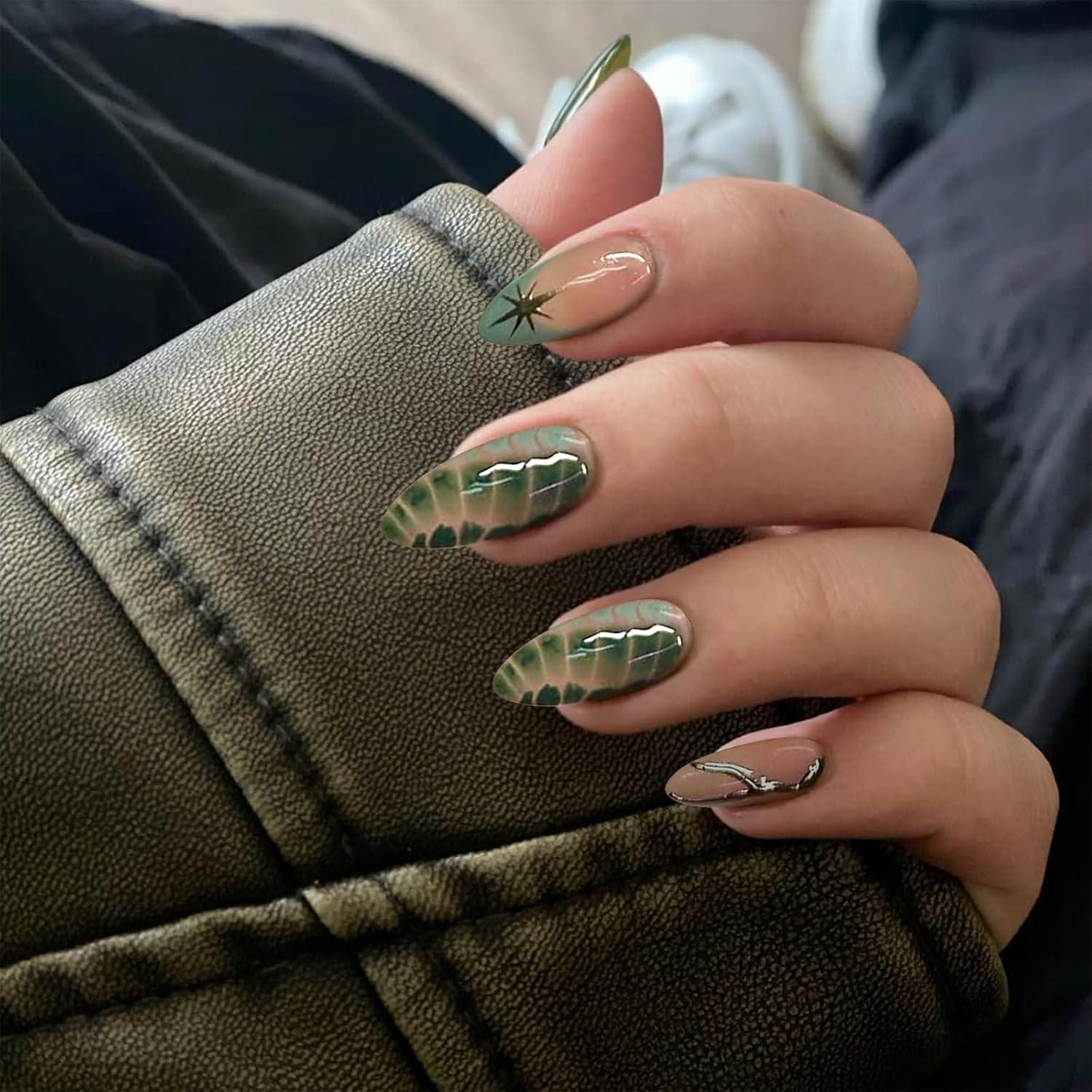 24 Stück Mandel Press on Nägel Mittel Grün Ombré GlamRays