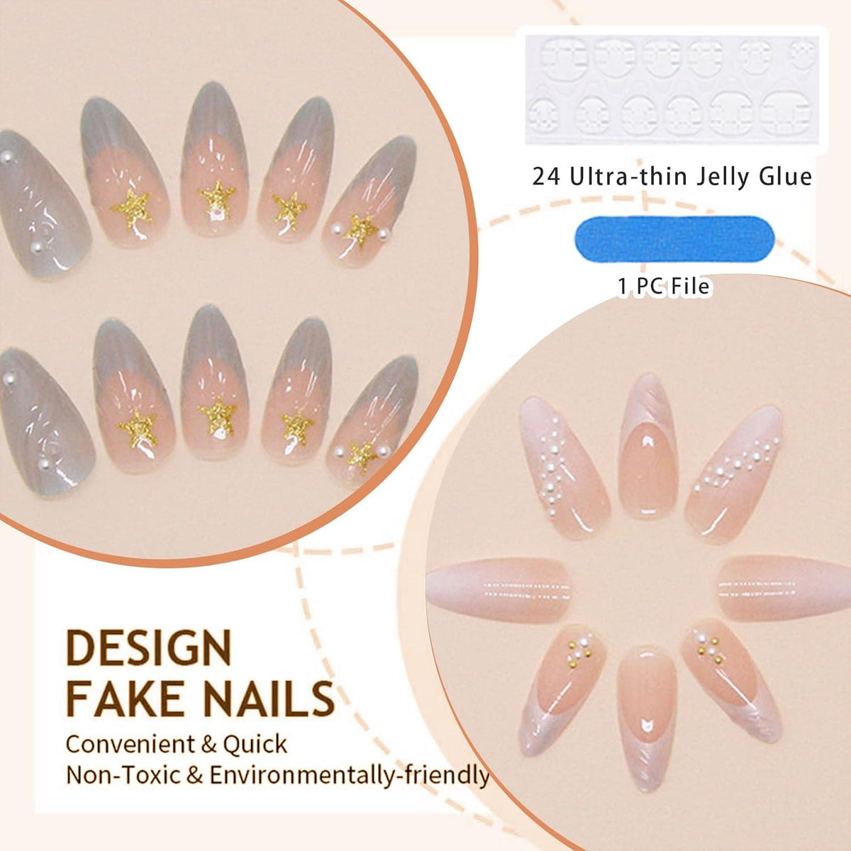 24er Set Mandel Falsche Nägel 3D Designs Weiß Blau Französische Spitze