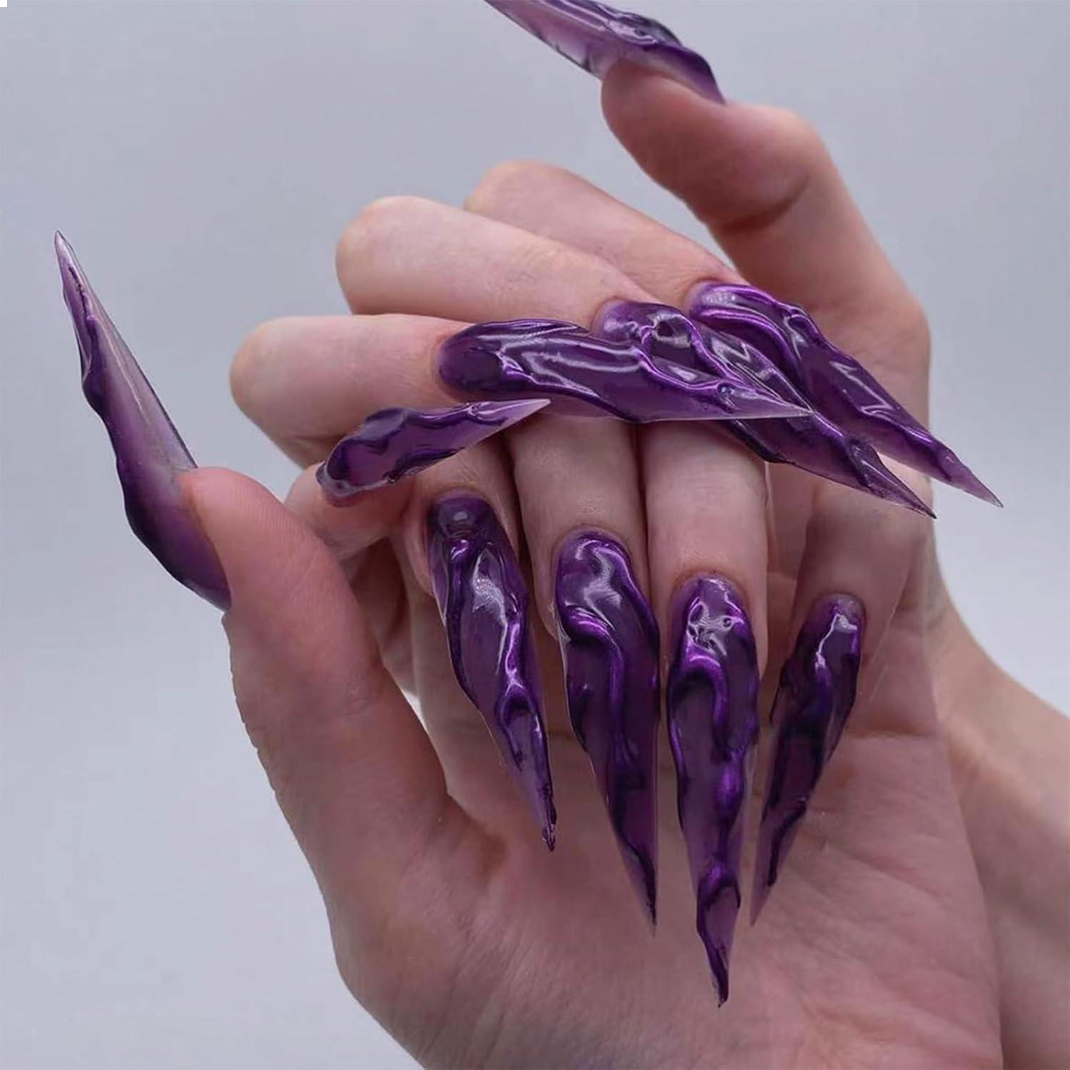 Stiletto Lila Goth Press-on Nails 3D Chrom Design 24 Stück