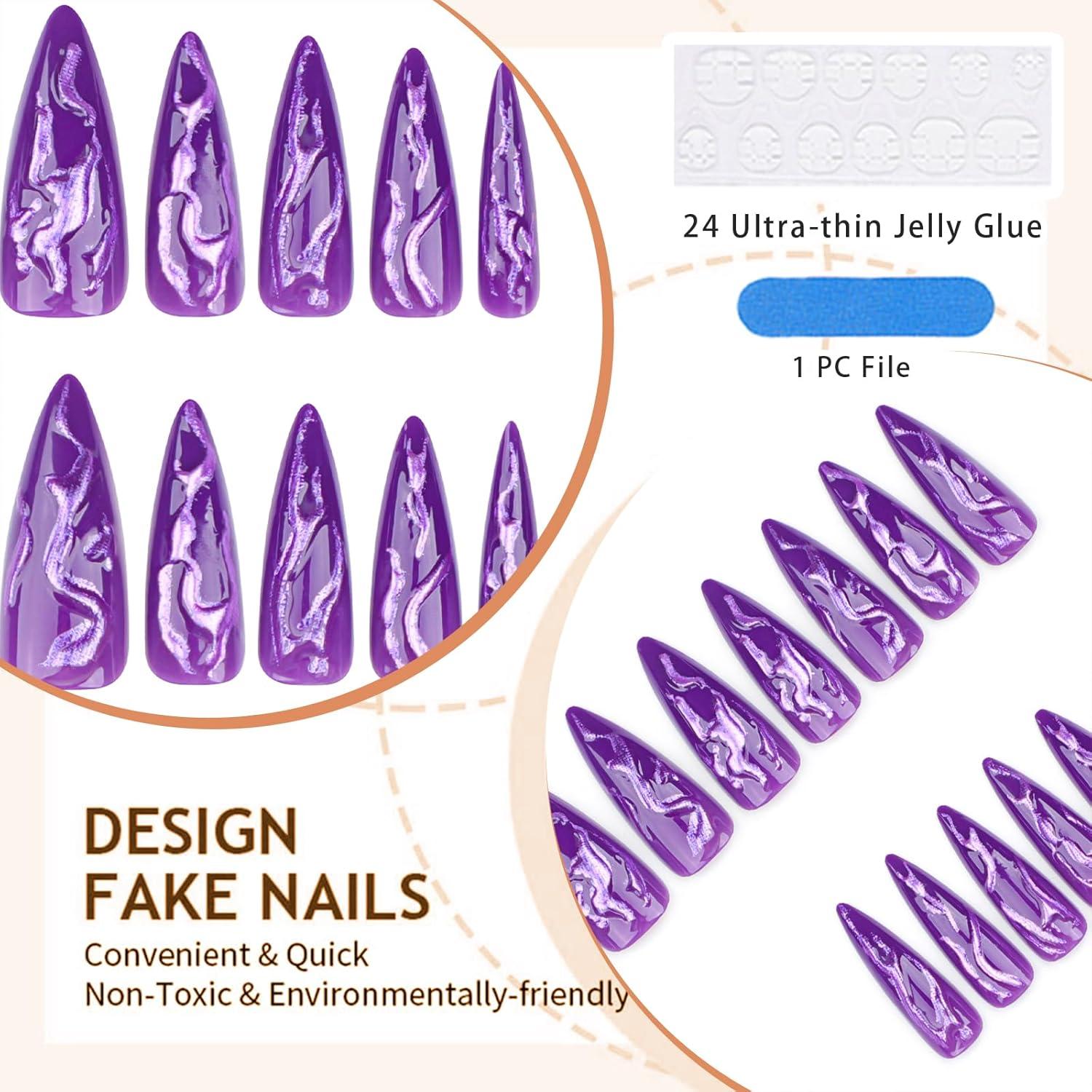 Stiletto Lila Goth Press-on Nails 3D Chrom Design 24 Stück