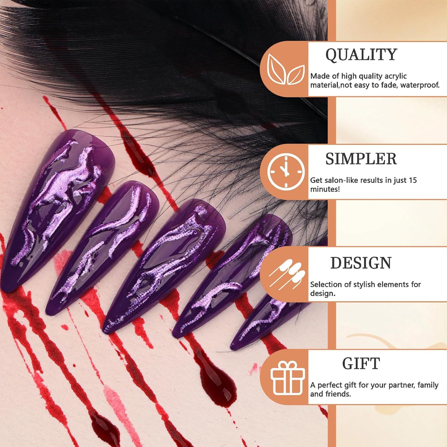 Stiletto Press on Nails Goth lila 3D Chrom Design 24 Stück