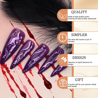 Stiletto Press on Nails Goth lila 3D Chrom Design 24 Stück