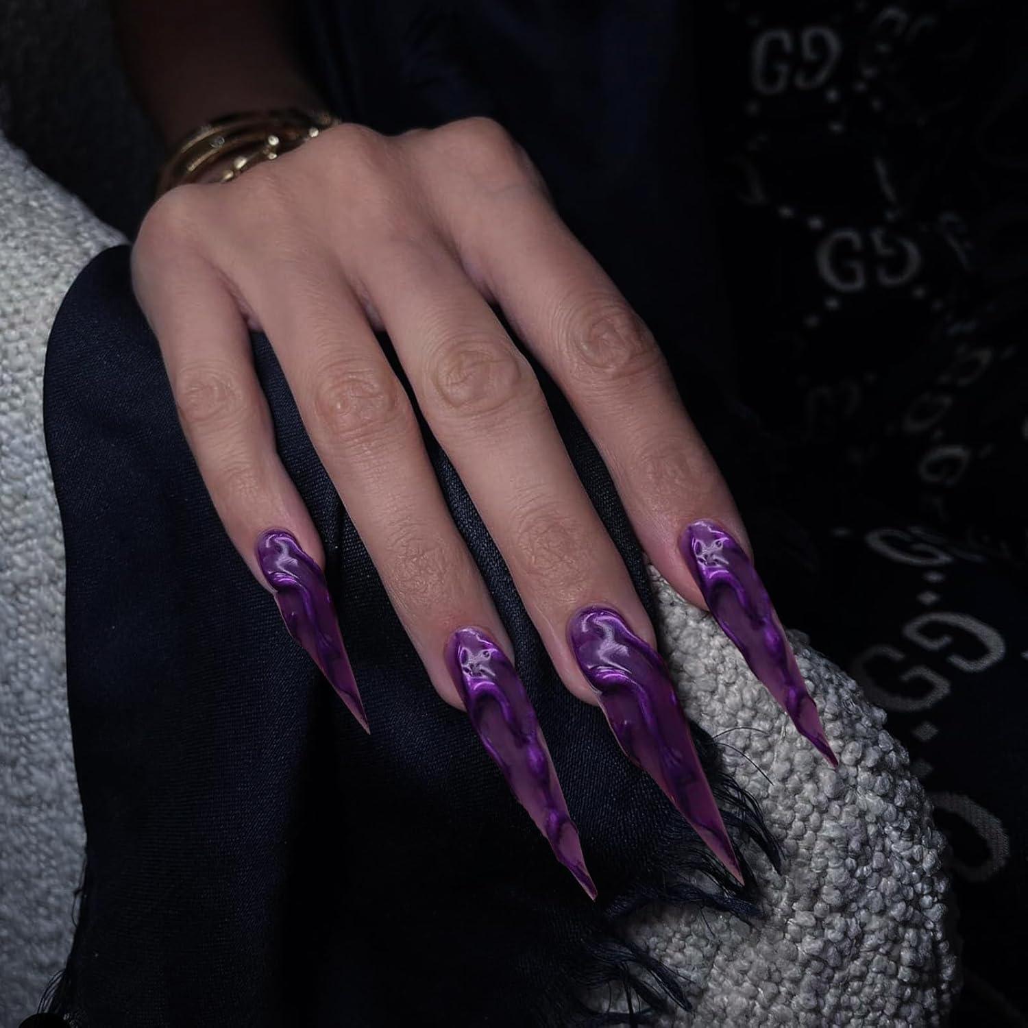 Stiletto Press on Nails Langer Falsche Nägel 3D Chrom Design 24 Stück